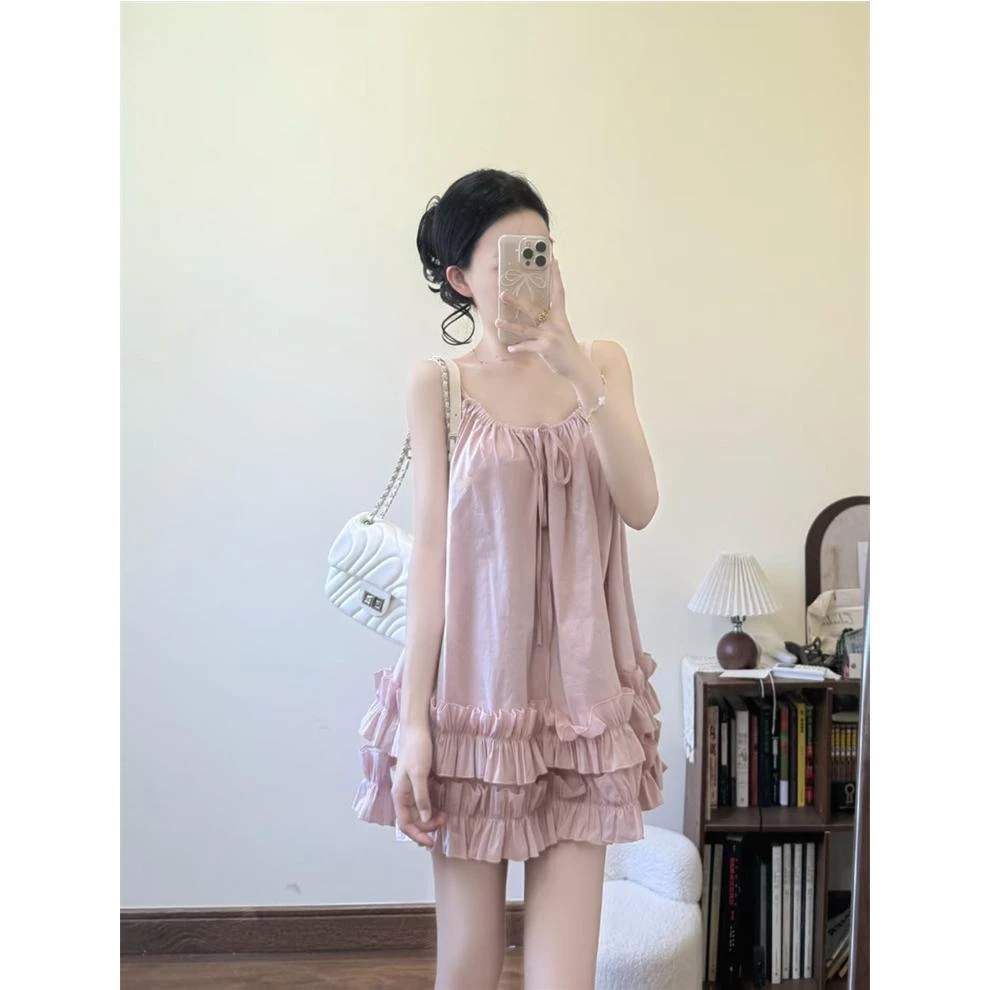 粉色系带木耳边吊带女2025夏季新款韩系设计感小众褶皱背心上衣潮