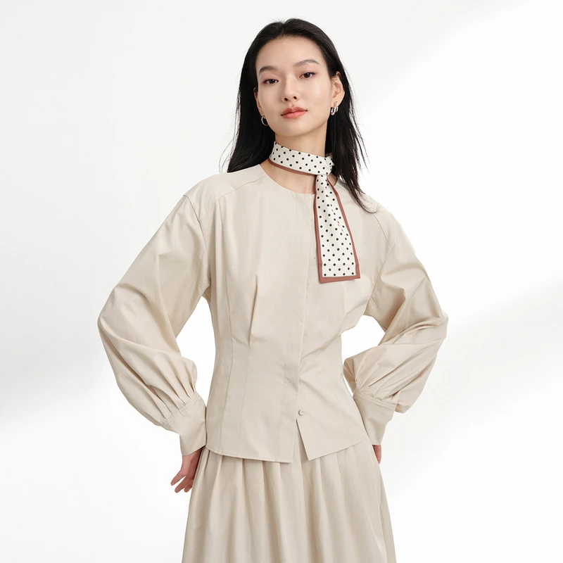 EP雅莹蓝标系列 圆领开襟收腰简约长绒棉衬衫 2025夏季新款2221A