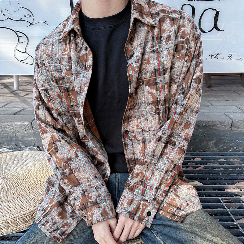 美式复古扎染格子长袖衬衫男春季潮牌宽松休闲外套高级感情侣衬衣