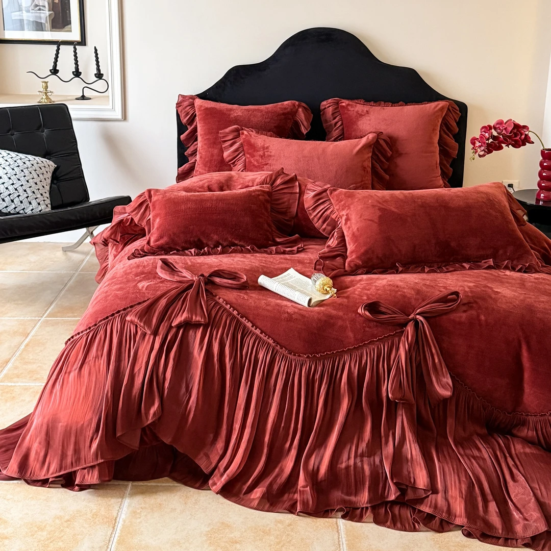 法式浪漫公主风冬季全消光婴儿绒保暖双面毛绒蕾丝被套床盖四件套