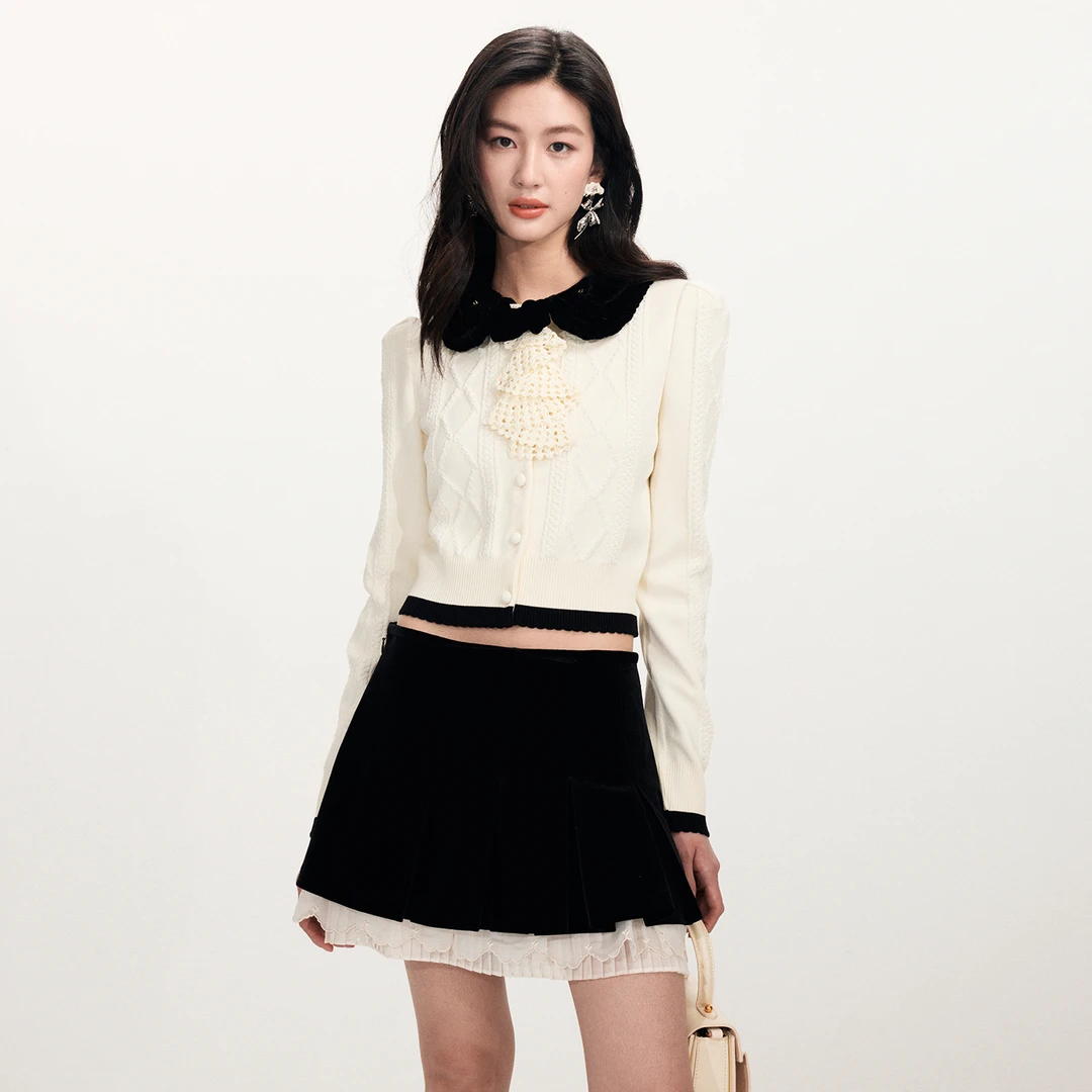 lefame拉飞姆2026早春新品时尚丝绒娃娃领蝴蝶结撞色针织外套上衣