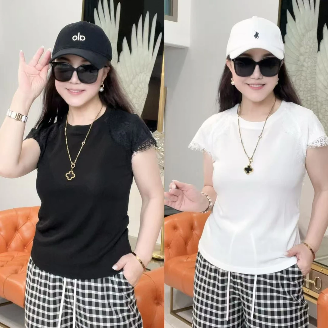 【薇姐粉丝】夏季新款修身显瘦拼接蕾丝袖高弹醋酸T袖衫