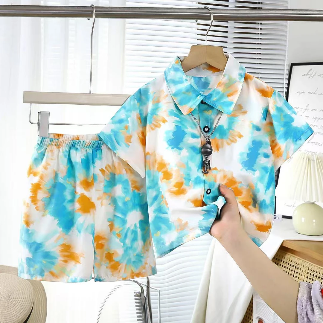 花衬衣洋气新款休闲碎花男童夏季港风衬衫两件中大童童装儿童服装