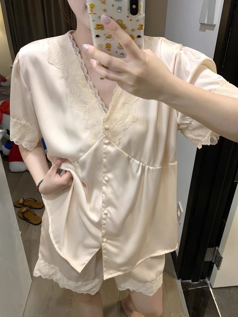 蕾丝V领睡衣女夏季温柔甜美冰丝纯欲仿真丝家居服两件套睡衣春夏