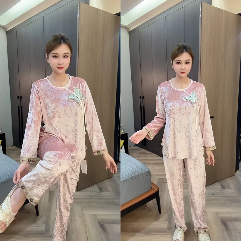 春秋新款大码长袖女士睡衣休闲时尚蕾丝拼接金钻绒舒适家居服套装