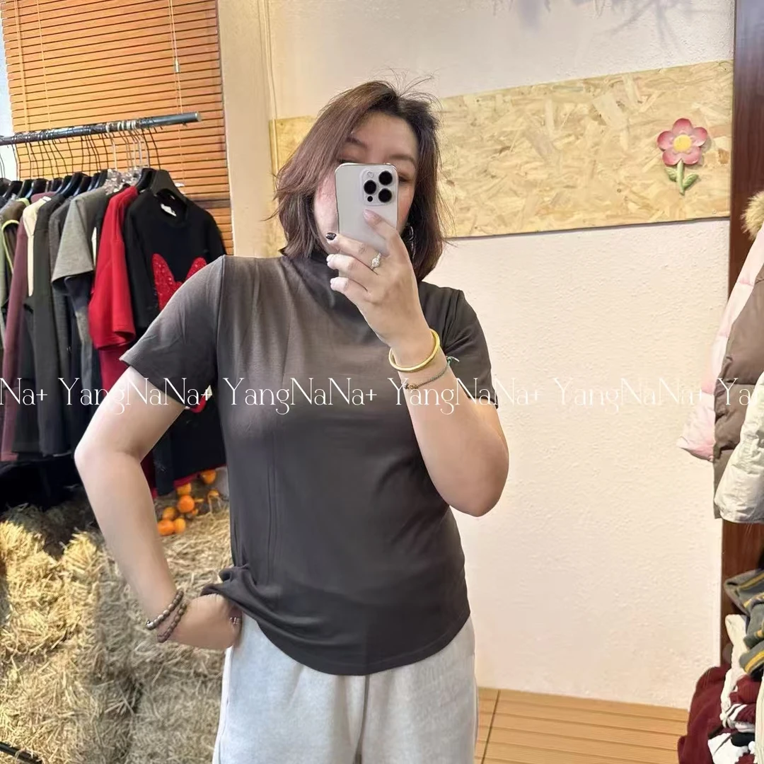 百搭大版时尚休闲纯色加厚磨毛半高领短袖黑色打底衫超大弹力065