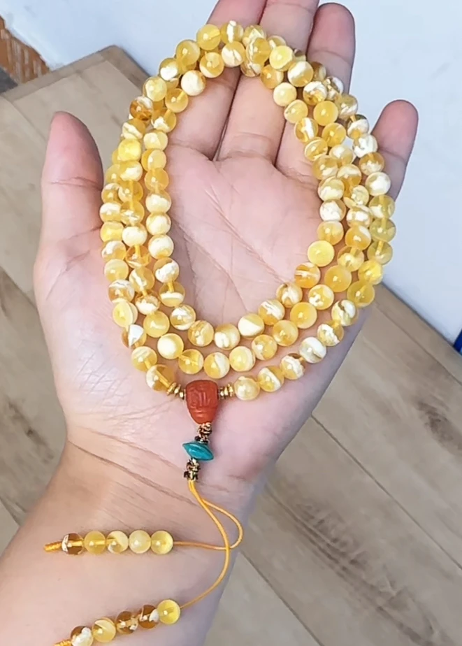 【齐福珠宝】XQ1163/6mm天然原矿蜜蜡金白圆珠佛珠（多样性发其一）