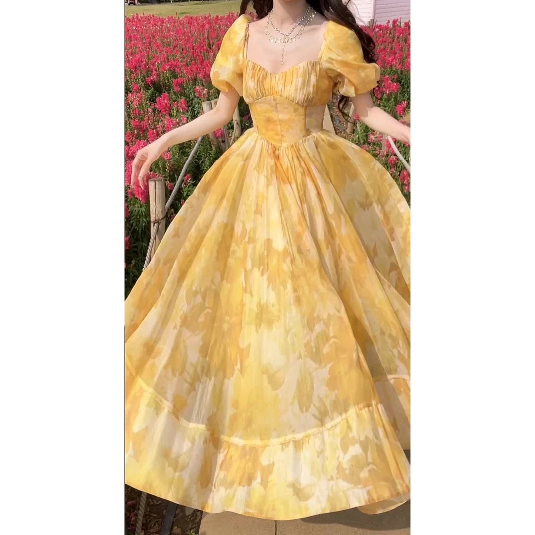 【仲夏香柠】法式印花茶歇裙收腰气质泡泡袖公主风连衣裙日常出游