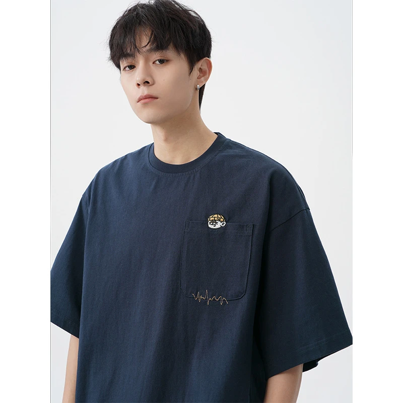 美式复古刺绣设计纯棉短袖T恤男2025夏季新款宽松休闲百搭上衣