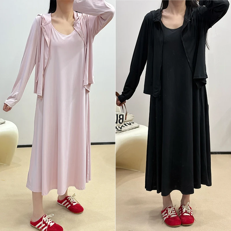 大码微胖MM设计感冰凉感防晒开衫连衣裙套装 5772