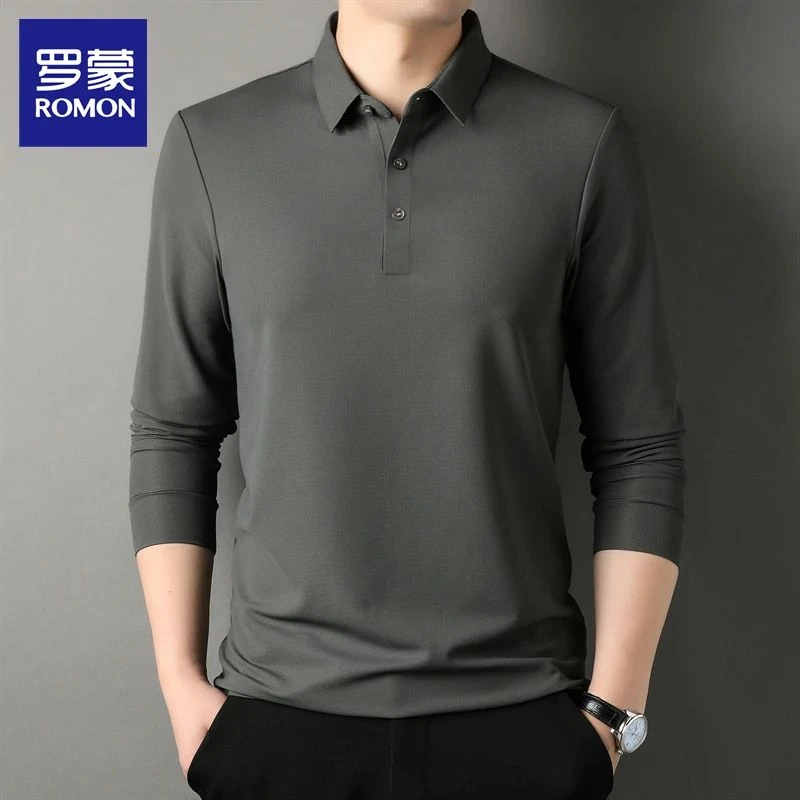 罗蒙百搭长袖翻领T恤2025秋季男新款纯色无痕休闲商务POLO衫男士