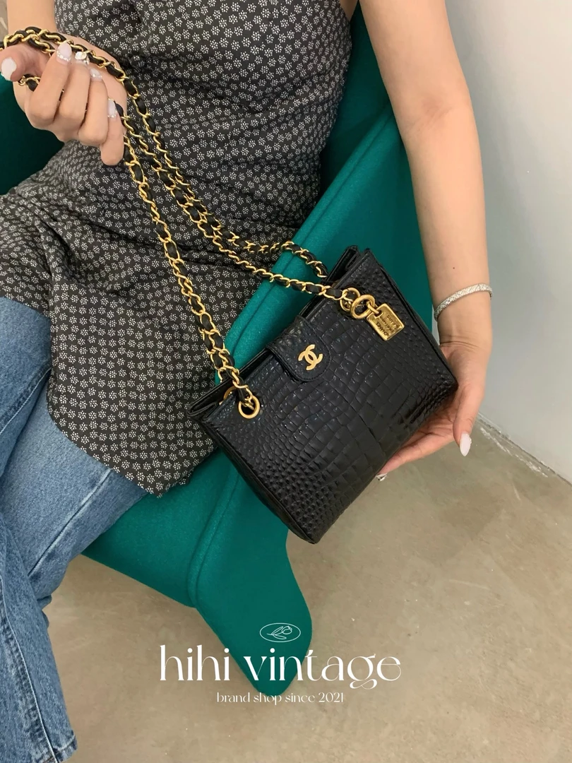95新 Chanel/香奈儿 黑金鳄鱼皮mini托特  二店