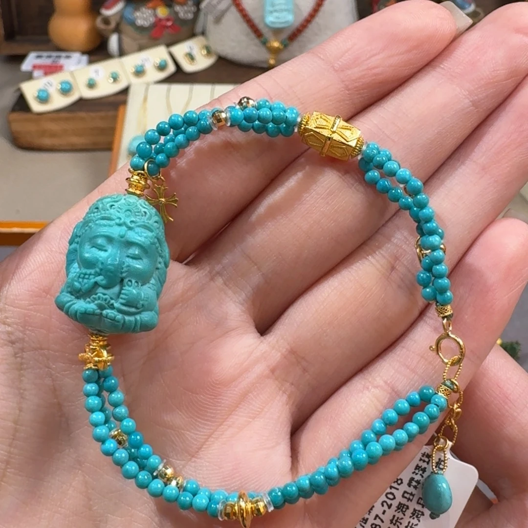 18K金镶嵌绿松石手链象神小米珠