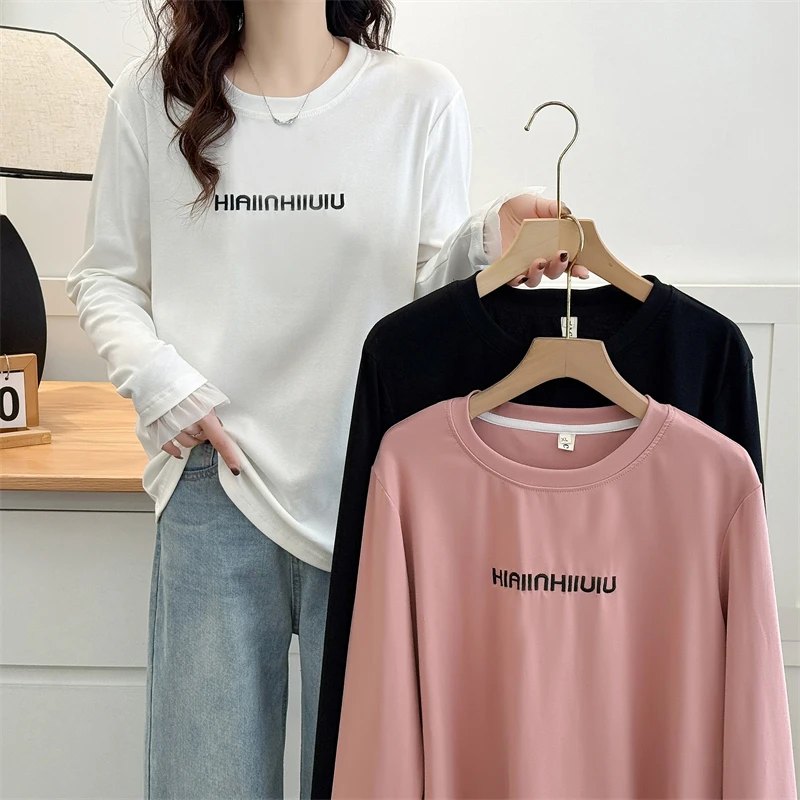 大码女装内搭宽松时尚百搭圆领拼接刺绣秋季遮肚子显瘦打底衫长袖