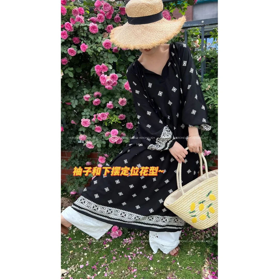 【香格里拉连衣裙】HL棉绸夏季长袖民族独度假复古气质长款连衣裙