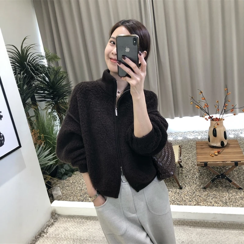 慵懒风立领双拉链咖色外套女款2025秋冬新款宽松软糯短款开衫上衣