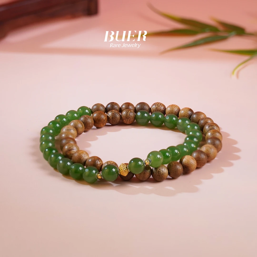 【不二珠宝】和田玉碧玉18K金DIY双圈手串6mm+