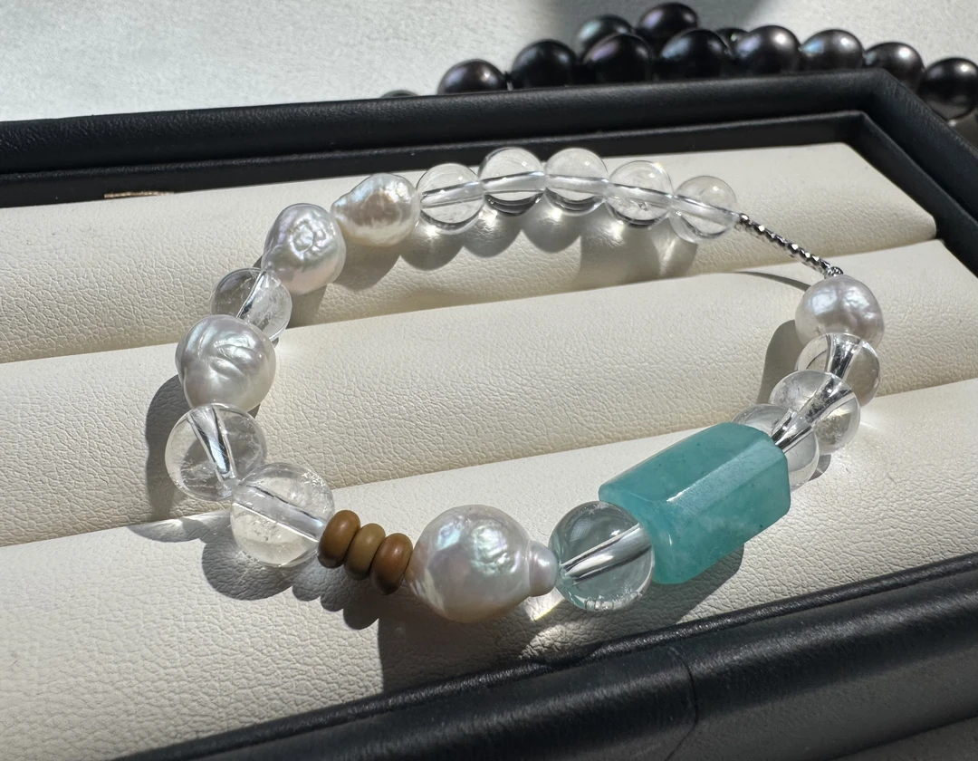白水晶天河石淡水珍珠设计款手链
