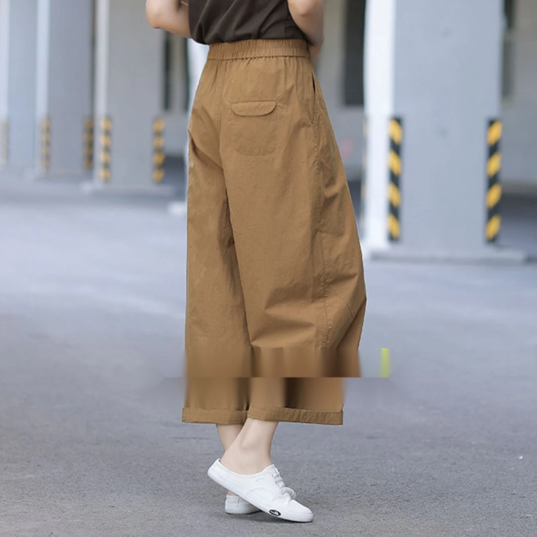 含含棉八九分工装阔腿裤女春夏薄款高腰宽松复古纯色百搭文艺休闲