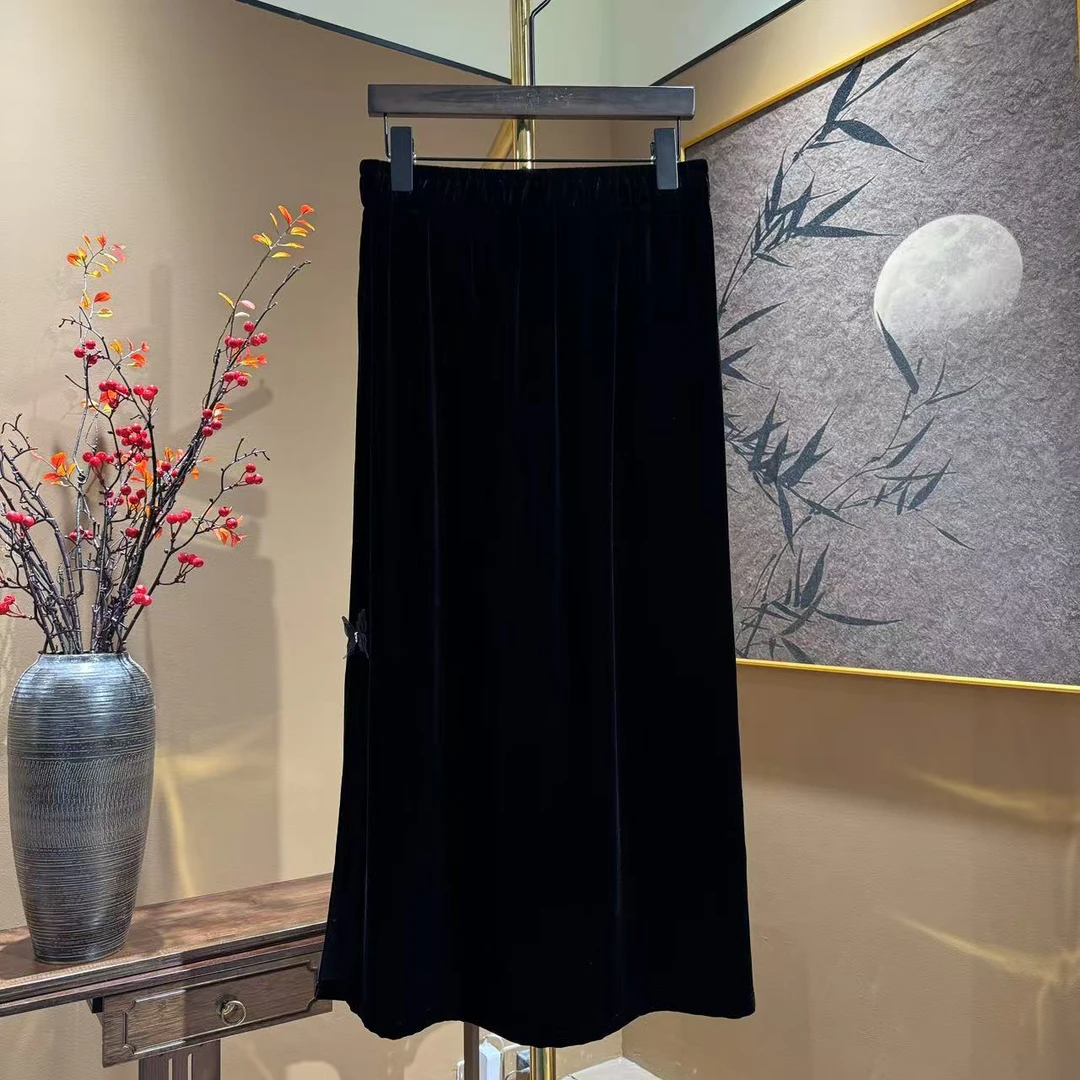 定制丝绒休闲裤桑蚕丝绒显瘦半身裙欧若新中式蝴蝶款568