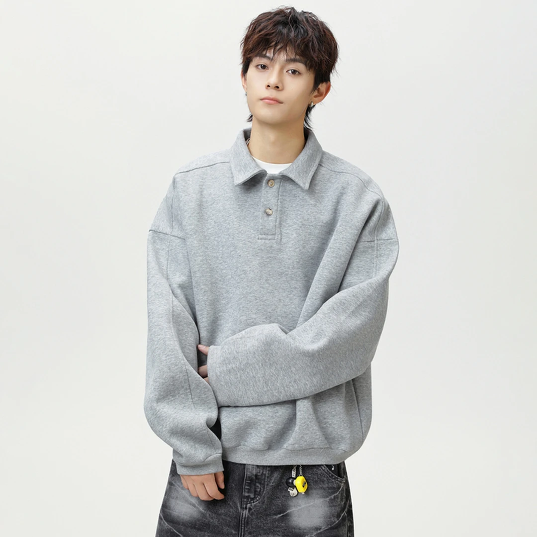 380g重磅质感翻领卫衣男秋季廓形复古轻奢老钱长袖polo套头衫外套