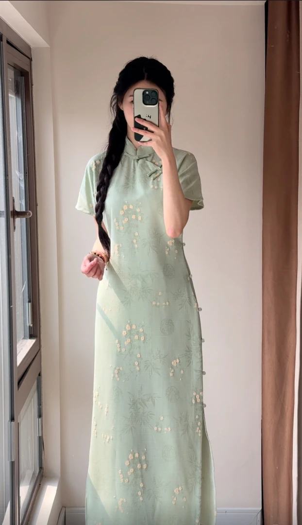 四季予她【醒春集】1045夏季全开襟绿色清新显白旗袍 衣长120