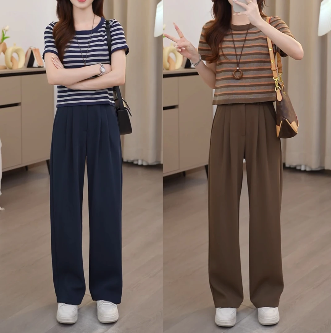 早秋小个子高腰裤子女高级感宽松显瘦垂感直筒休闲半松紧腰阔腿裤