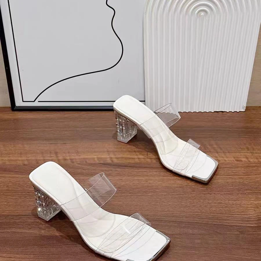 172-68  新款时尚一脚蹬水晶粗跟拖鞋