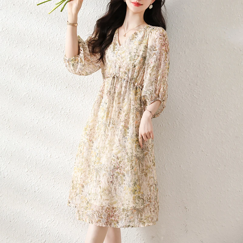 高级感小清新甜美雪纺印花连衣裙2025春夏新款灯笼袖植物花卉a裙
