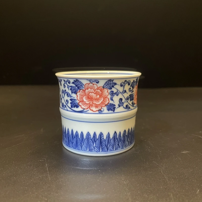 12.10/N100320/青花釉里红缠枝莲竹节杯/口径6.1/高5.3/75cc