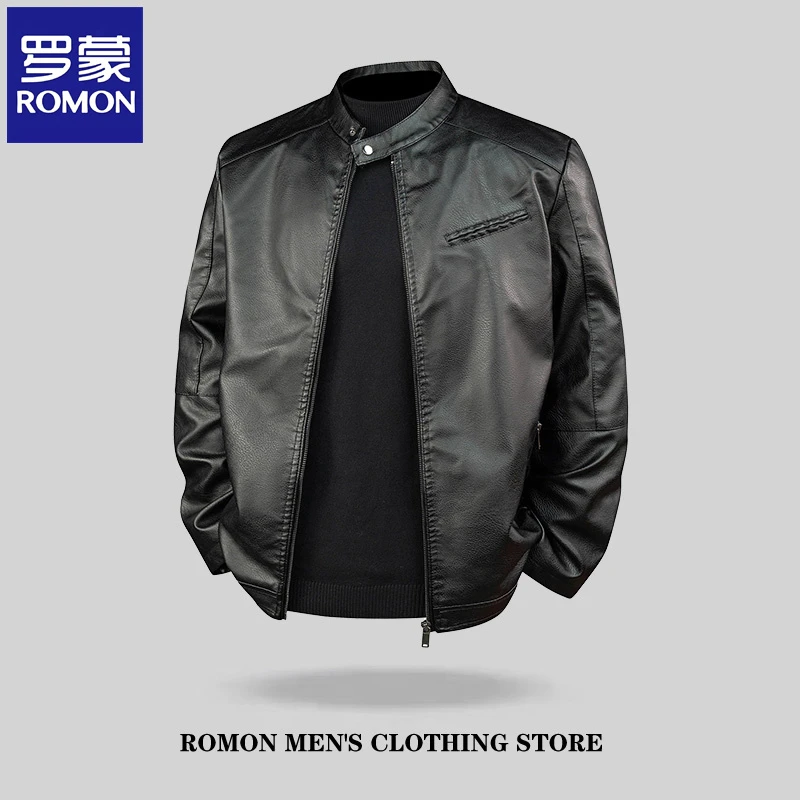 Romon/罗蒙男士皮夹克外套春秋季新款加绒保暖皮衣修身圆领上衣服