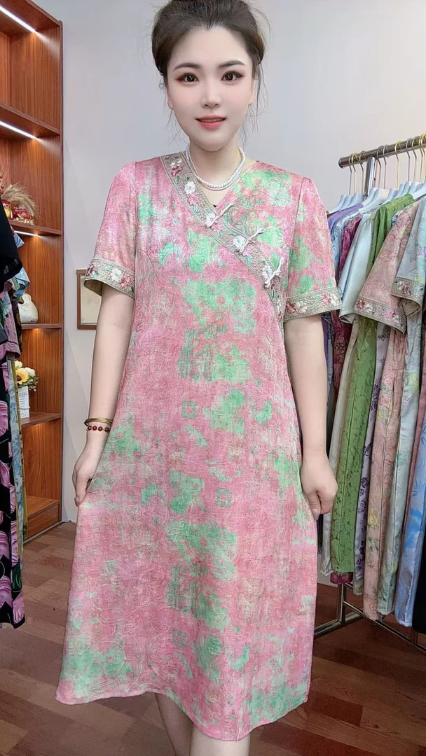 【粉韵刺绣旗袍】夏季新款新中式气质妈妈装时尚减龄显瘦旗袍裙