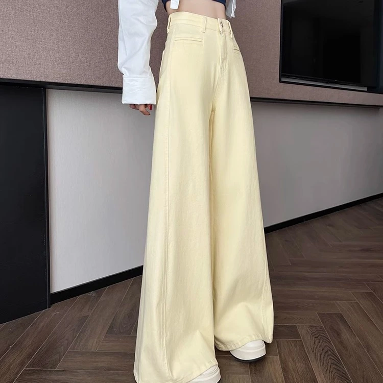 多巴胺米黄色阔腿女新款流行高腰宽松显瘦热天女士大喇叭牛仔裤子