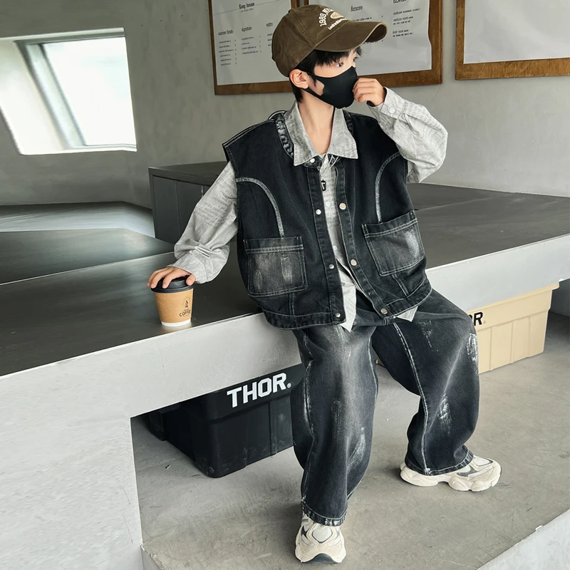 男童牛仔马甲三件套春秋装2025新款洋气青少年宽松秋季套装时髦潮
