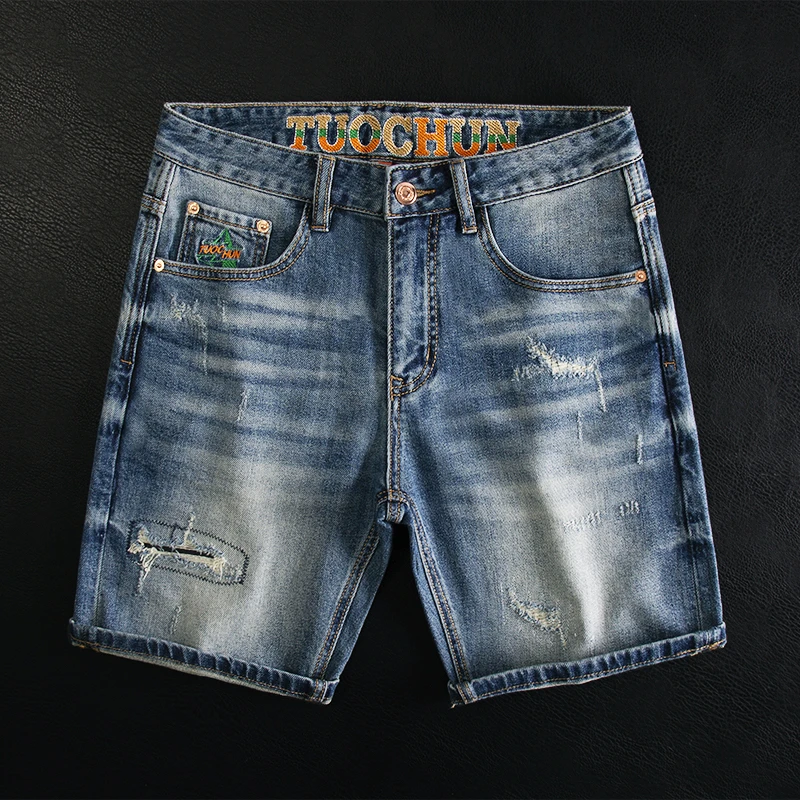 2025年夏季破洞牛仔短裤男潮牌修身直筒水洗蓝五分裤高端5分中裤