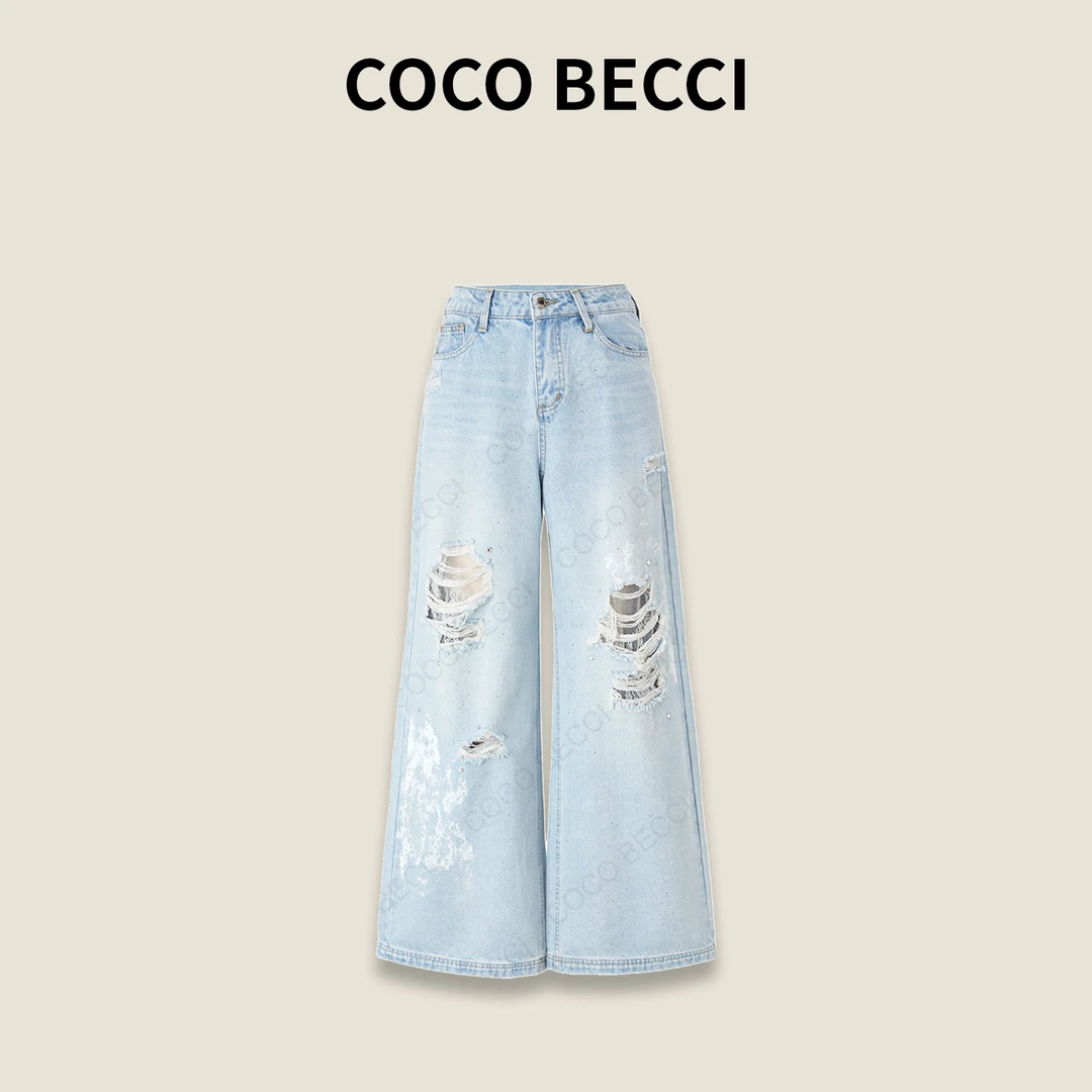 COCO BECCI【烫钻蕾丝破洞蓝牛】水洗宽松百搭牛仔裤CFYLSU62A0001