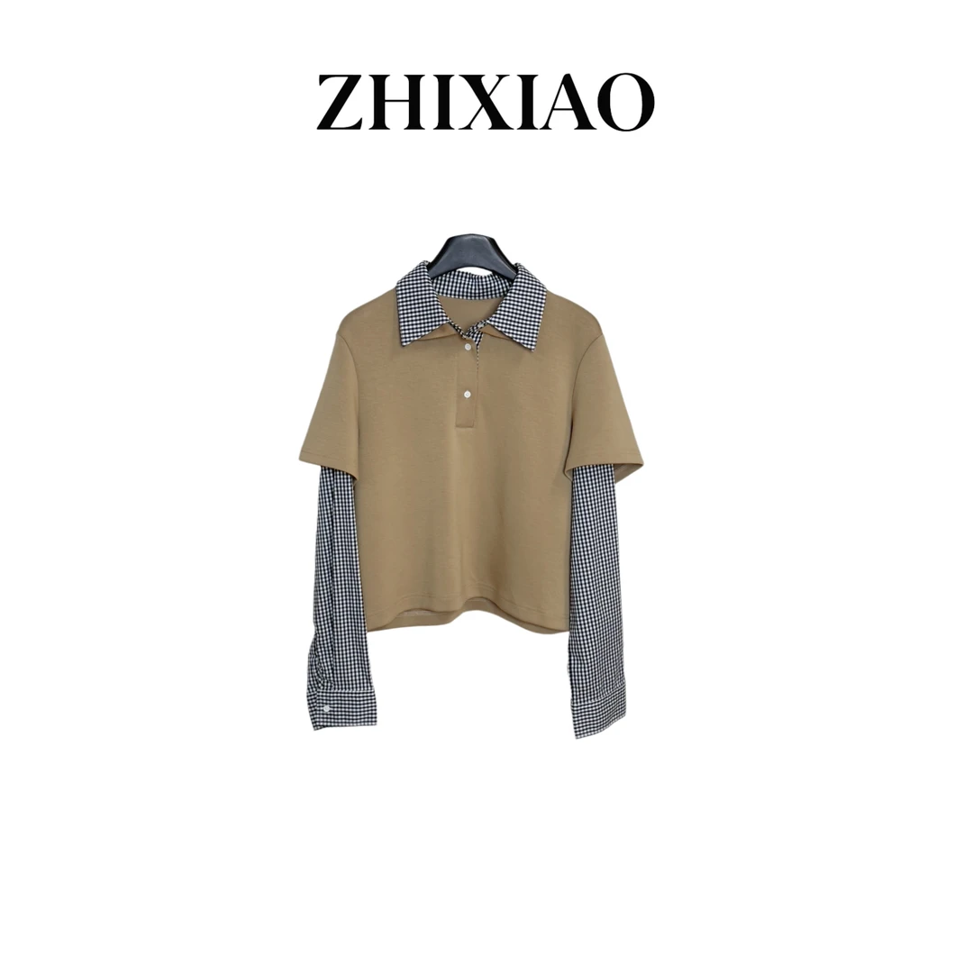 【ZHIXIAO】夏季新款：格子拼接假两件卫衣3327