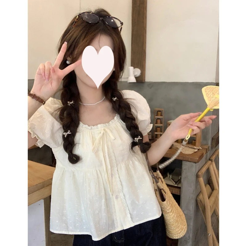 大码蕾丝白色衬衫女装夏季短袖娃娃衫小衫胖MM显瘦遮肚上衣-7063