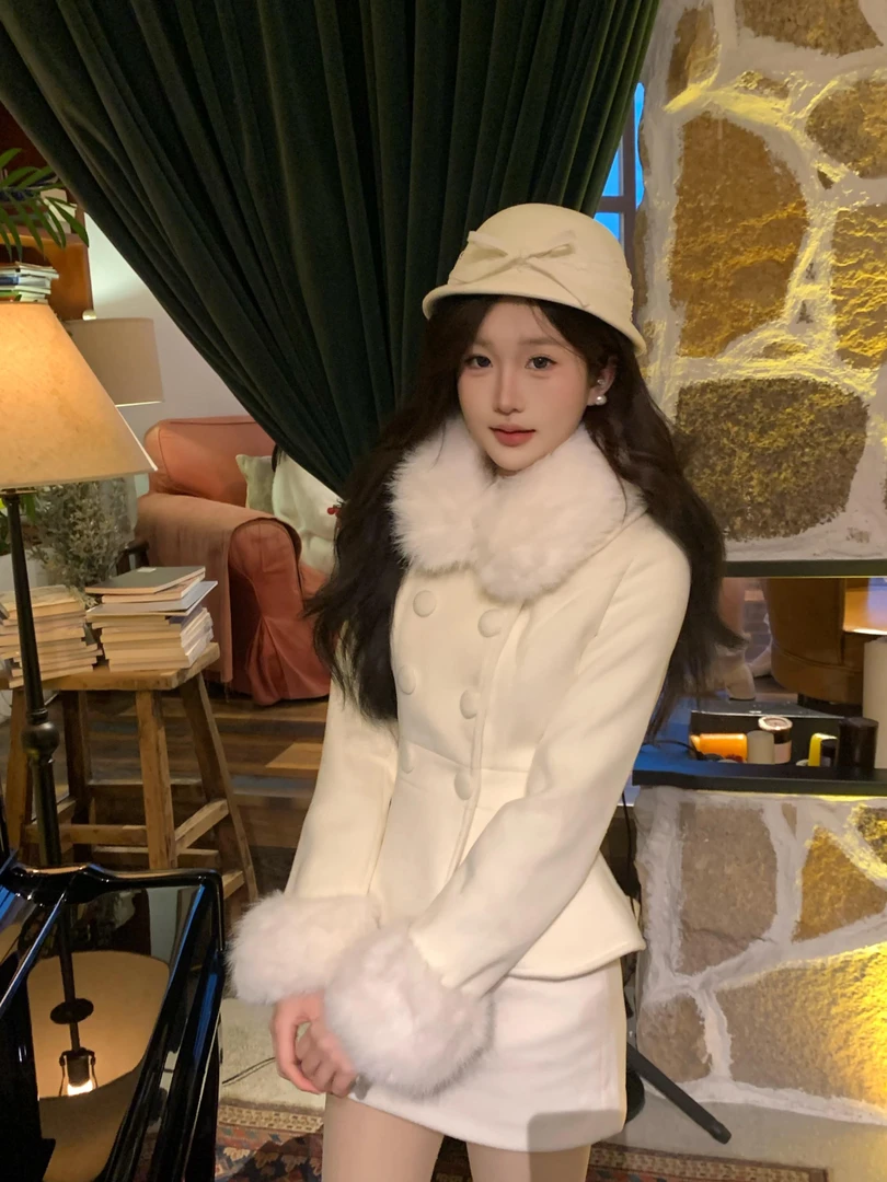 矜贵千金 冬季新款韩剧财阀千金高智感重工收腰毛呢外套半裙套装