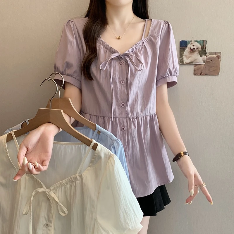 新款简约休闲镂空V领收腰修身小衫上衣大码女装2025夏季百搭短袖