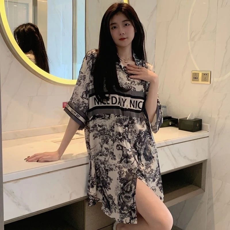 冰丝睡裙女士夏季新款性感洋气过膝中长款衬衫短袖宽松睡衣女夏天