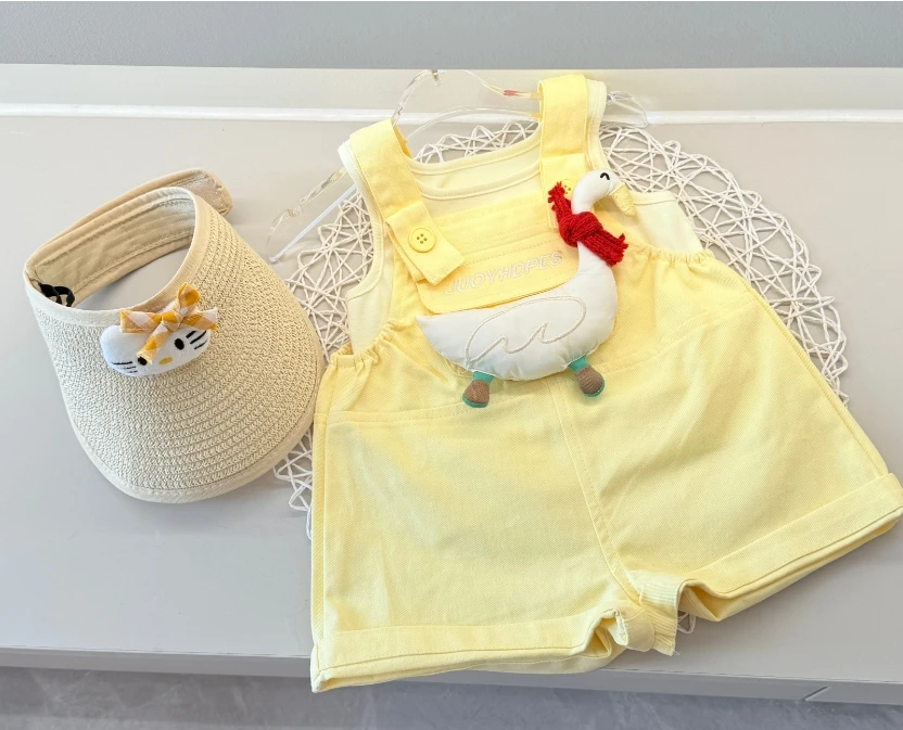 【现货】夏季女童夏季大鹅玩偶两件套黄色提花无袖背带裤套装