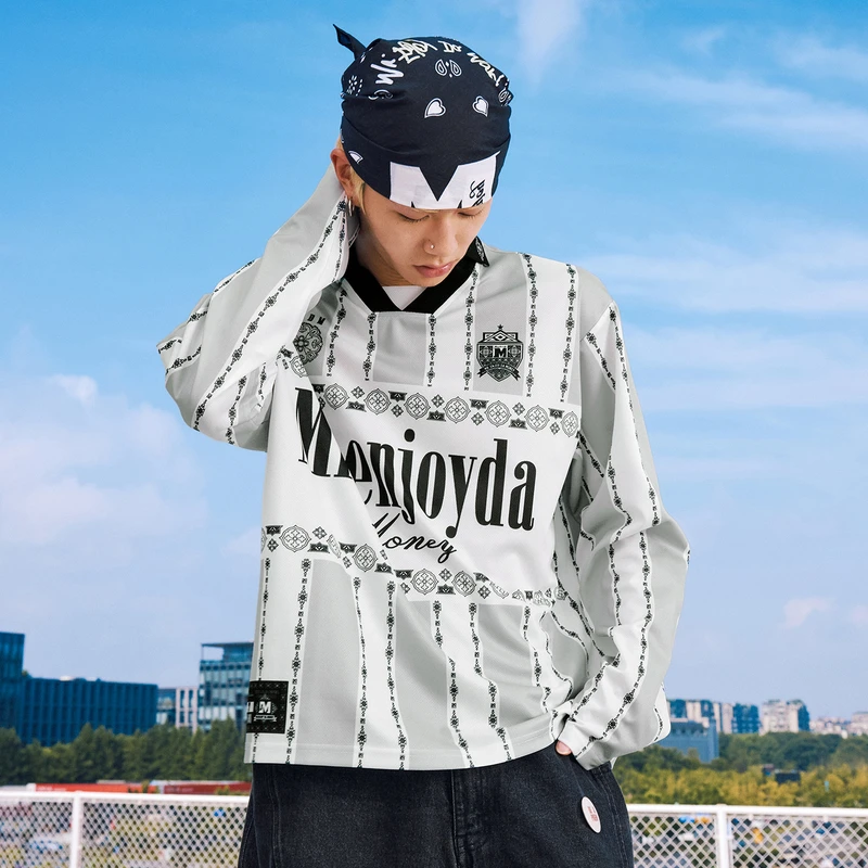 MEDM 撞色条纹拼接休闲球衣长袖T恤美式通勤情侣宽松翻领上衣春秋