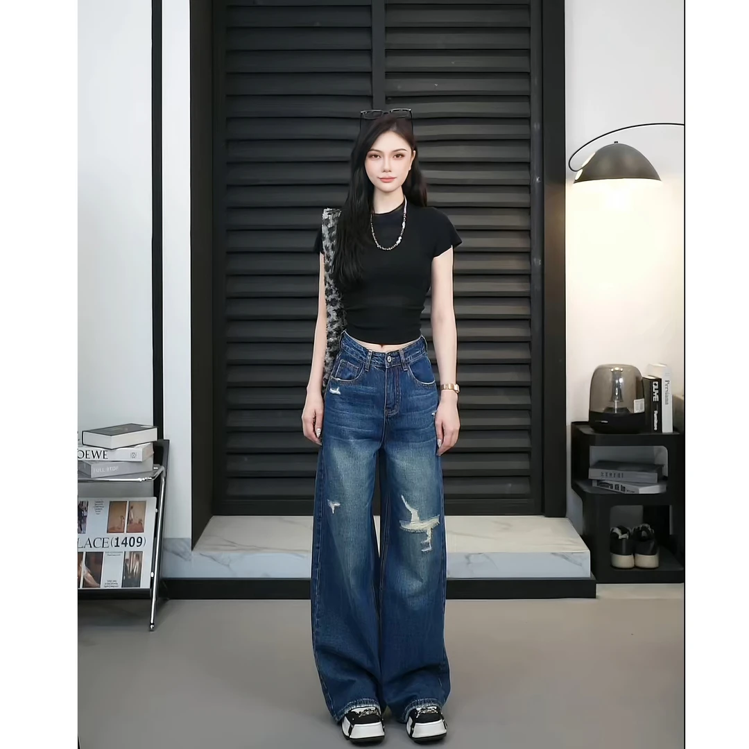 【TO&HR.GIRL】L6637-破洞贴布牛仔裤女高腰垂坠感阔腿裤网红裤子