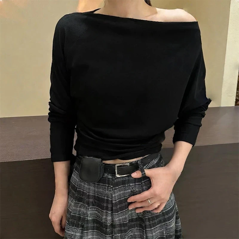 露肩长袖t恤女2025新款秋季绝美一字肩独特漂亮斜肩上衣女高级感