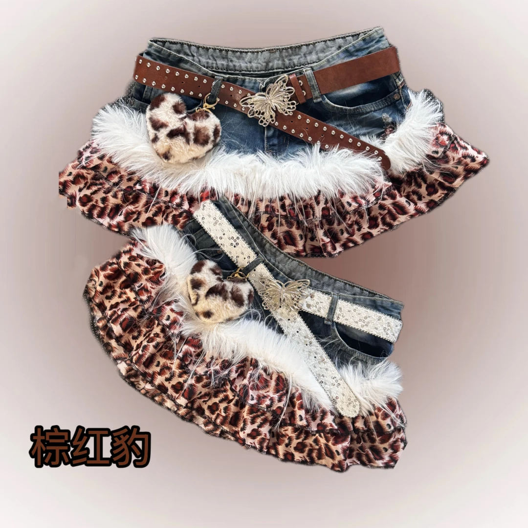 “棕红豹”-娜娜古着y2k手作牛仔拼接辣妹裙可直拍y2k亚文化短裙