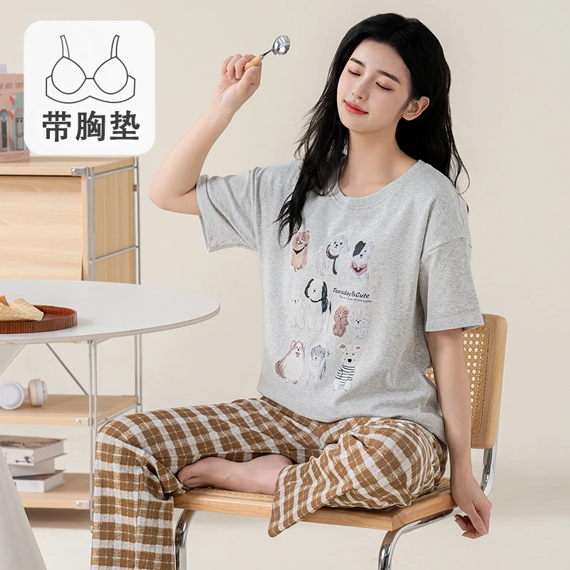 【拍一发三】带胸短袖短裤长裤垫纯棉睡衣夏季女大码宽松居家服套装