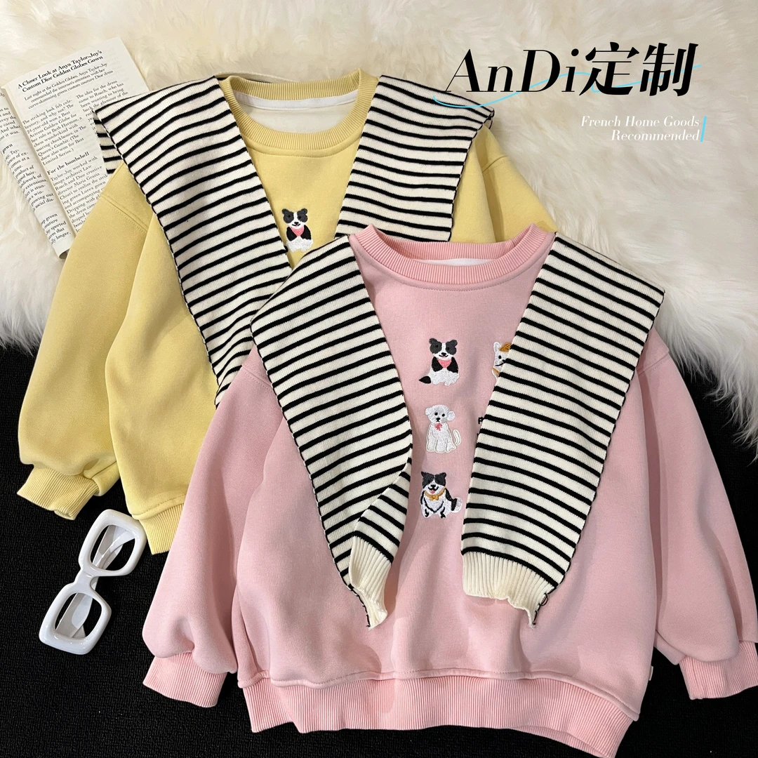 〖ANDI〗订制春秋款中大童女童卡通刺绣圆领加绒卫衣2865