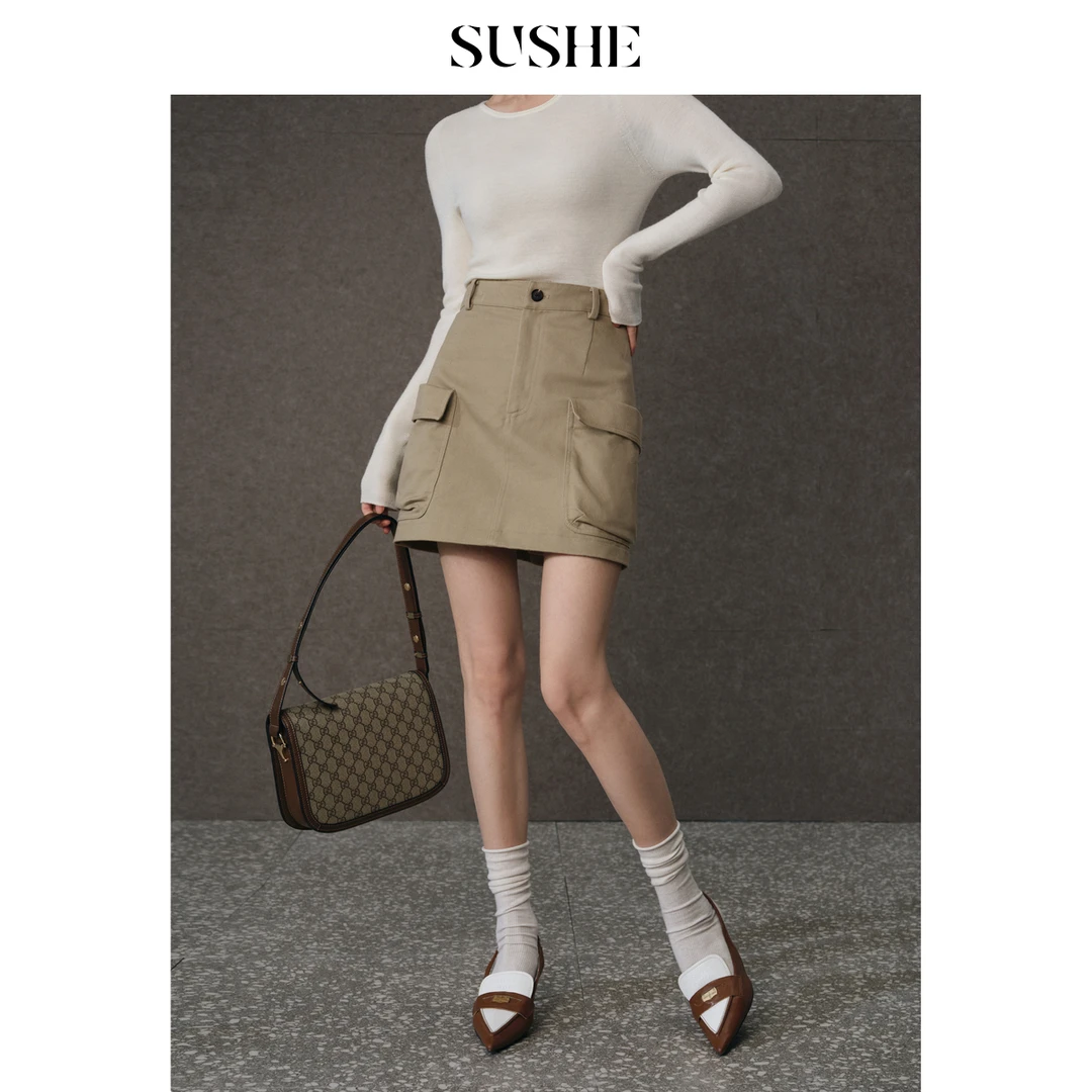 束皙SUSHE千弥巴恩风春秋季新款复古工装天棉微A字半身短裙半身裙