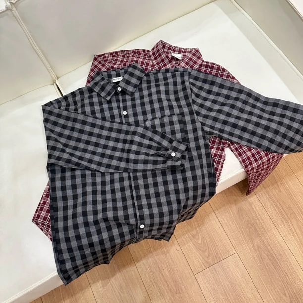 【醒醒】美式复古格纹宽松休闲长袖衬衫男女潮流衬衣C3009